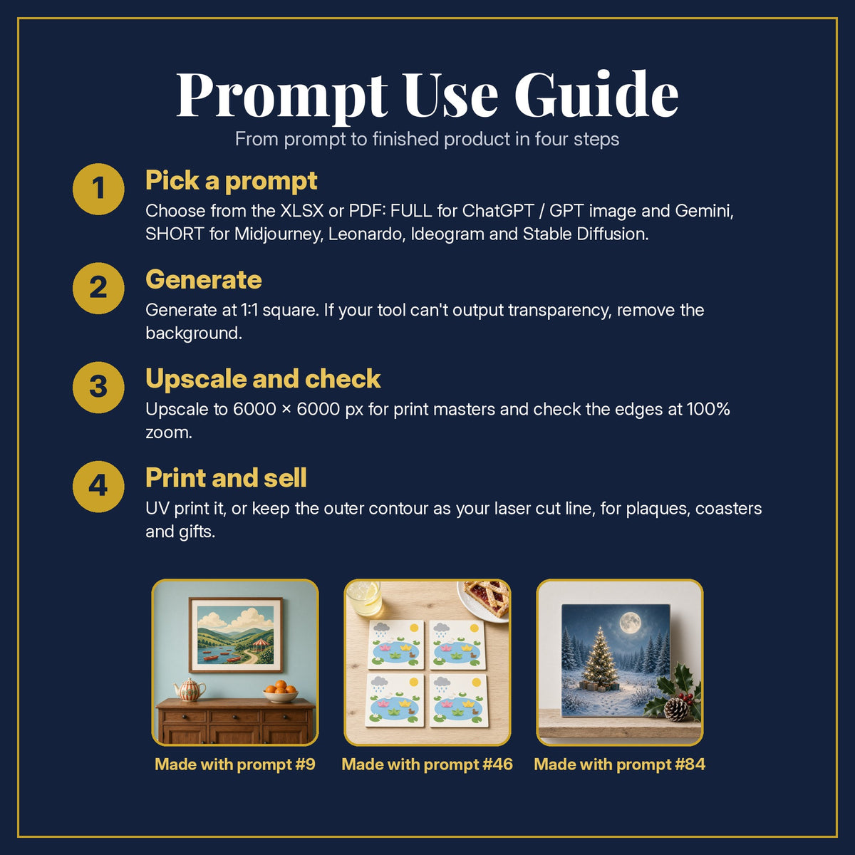 Prompt Use Guide for the Guest Books and Keepsakes, Vintage & Whimsical Collection: pick a prompt, generate, upscale and check, print and sell, with sample products made with the pack's prompts