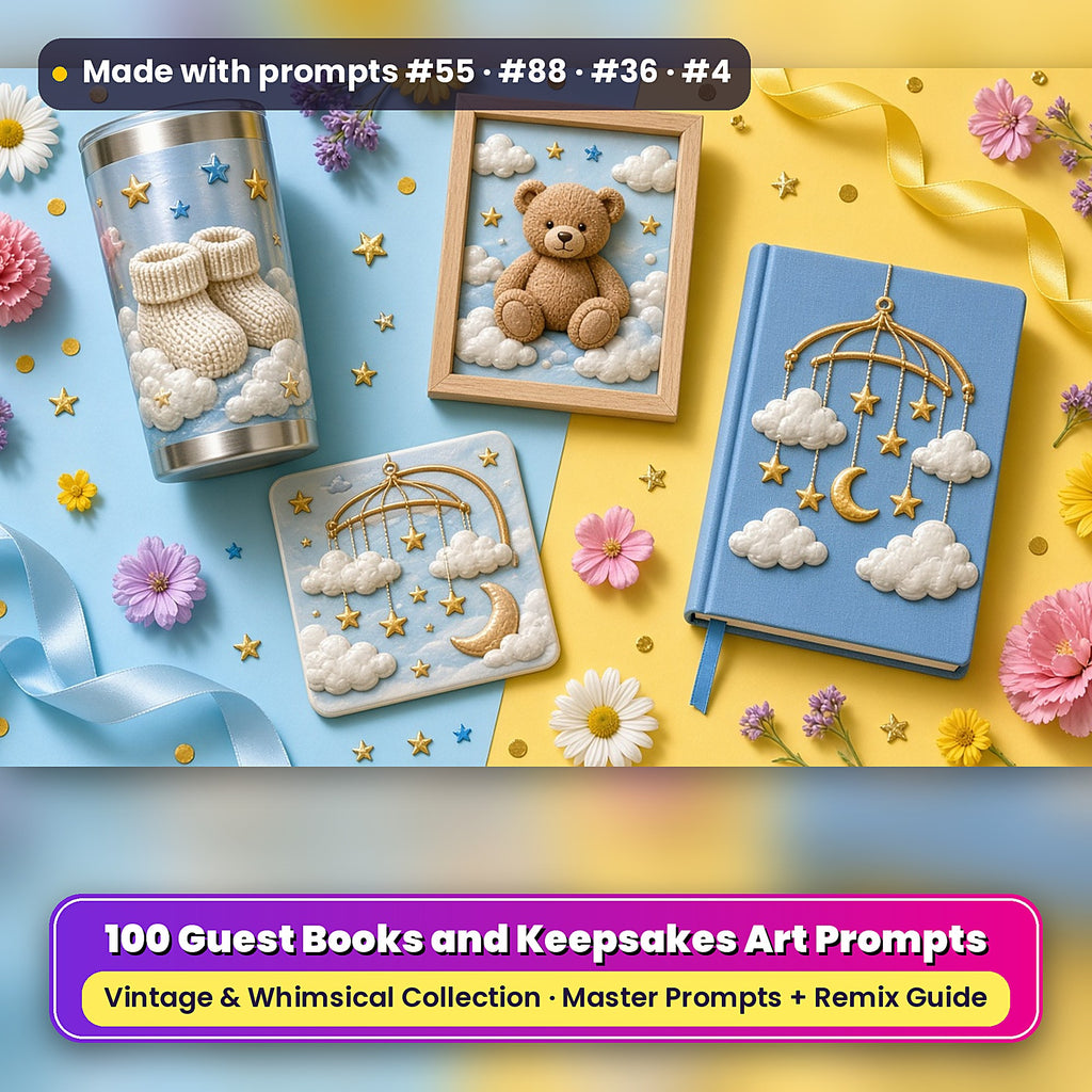 Guest Books and Keepsakes, Vintage & Whimsical Collection: realistic UV-printed mockup, made with prompts #55 · #88 · #36 · #4
