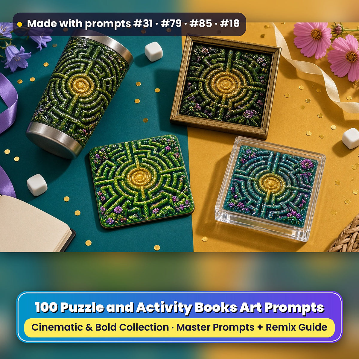 Puzzle and Activity Books, Cinematic & Bold Collection: realistic UV-printed mockup, made with prompts #31 · #79 · #85 · #18