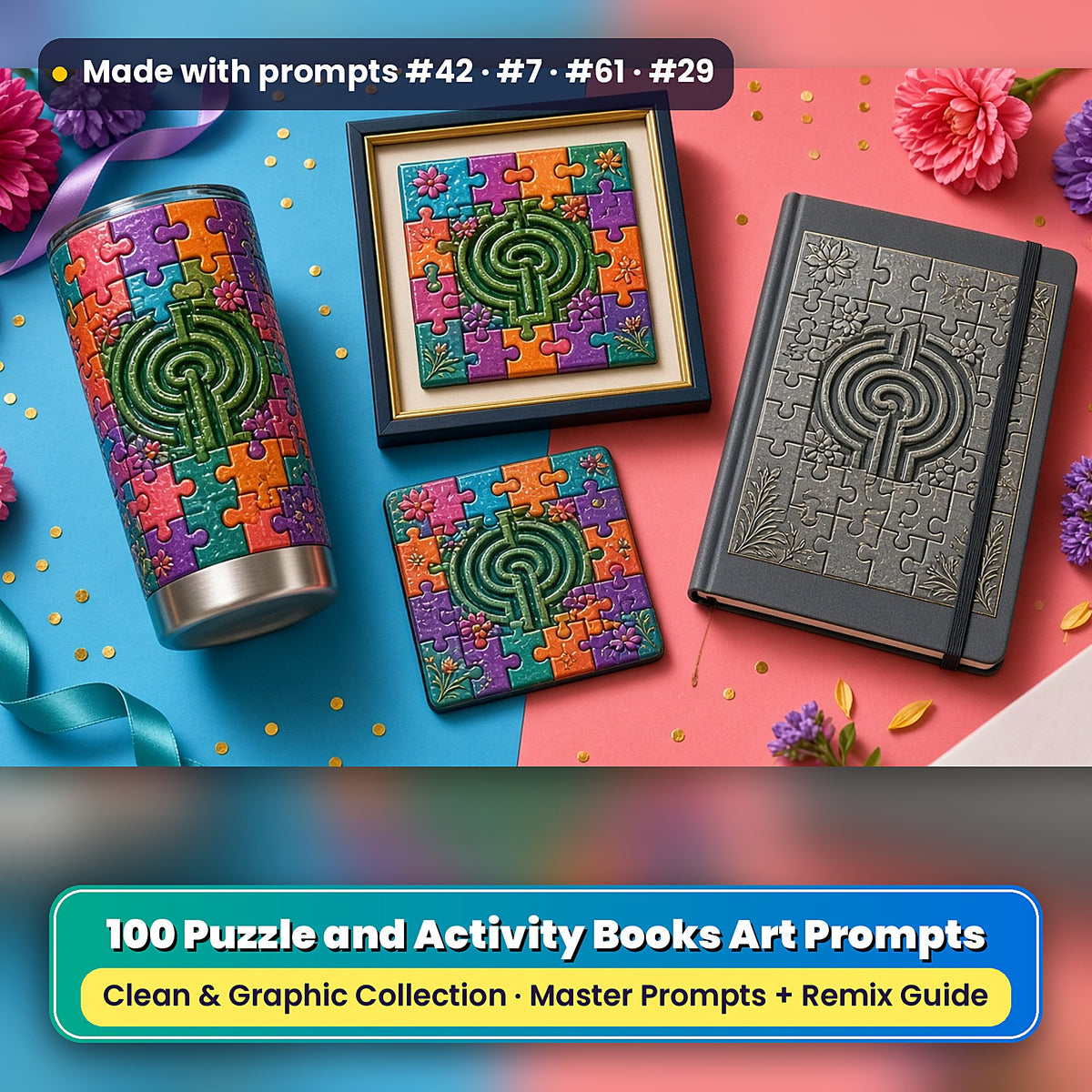 Puzzle and Activity Books, Clean & Graphic Collection: Made with prompts #42 · #7 · #61 · #29 – realistic UV-printed mockup