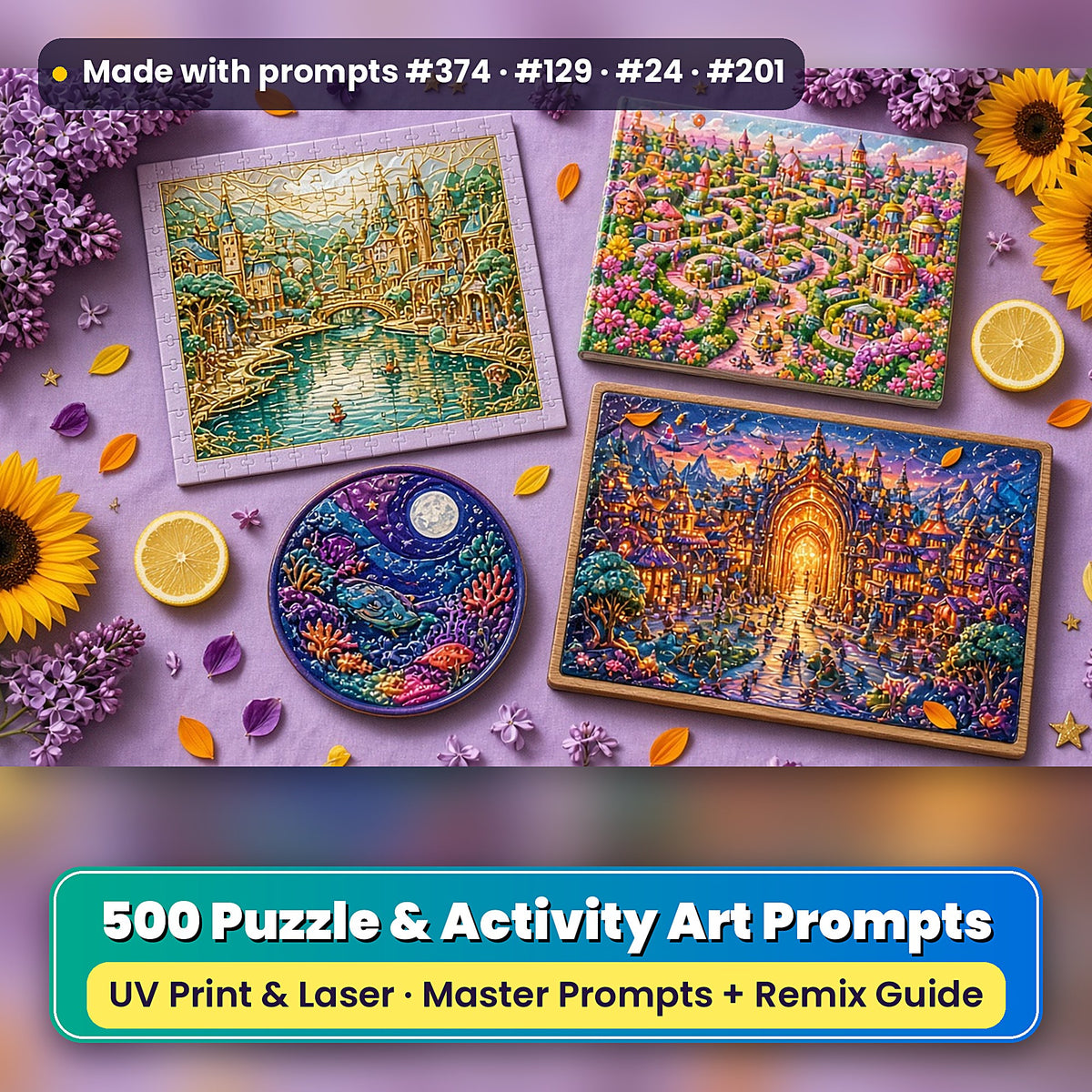 500 Puzzle Activity Art Prompts Library: Made with prompts #374 · #129 · #24 · #201 – realistic UV-printed mockup