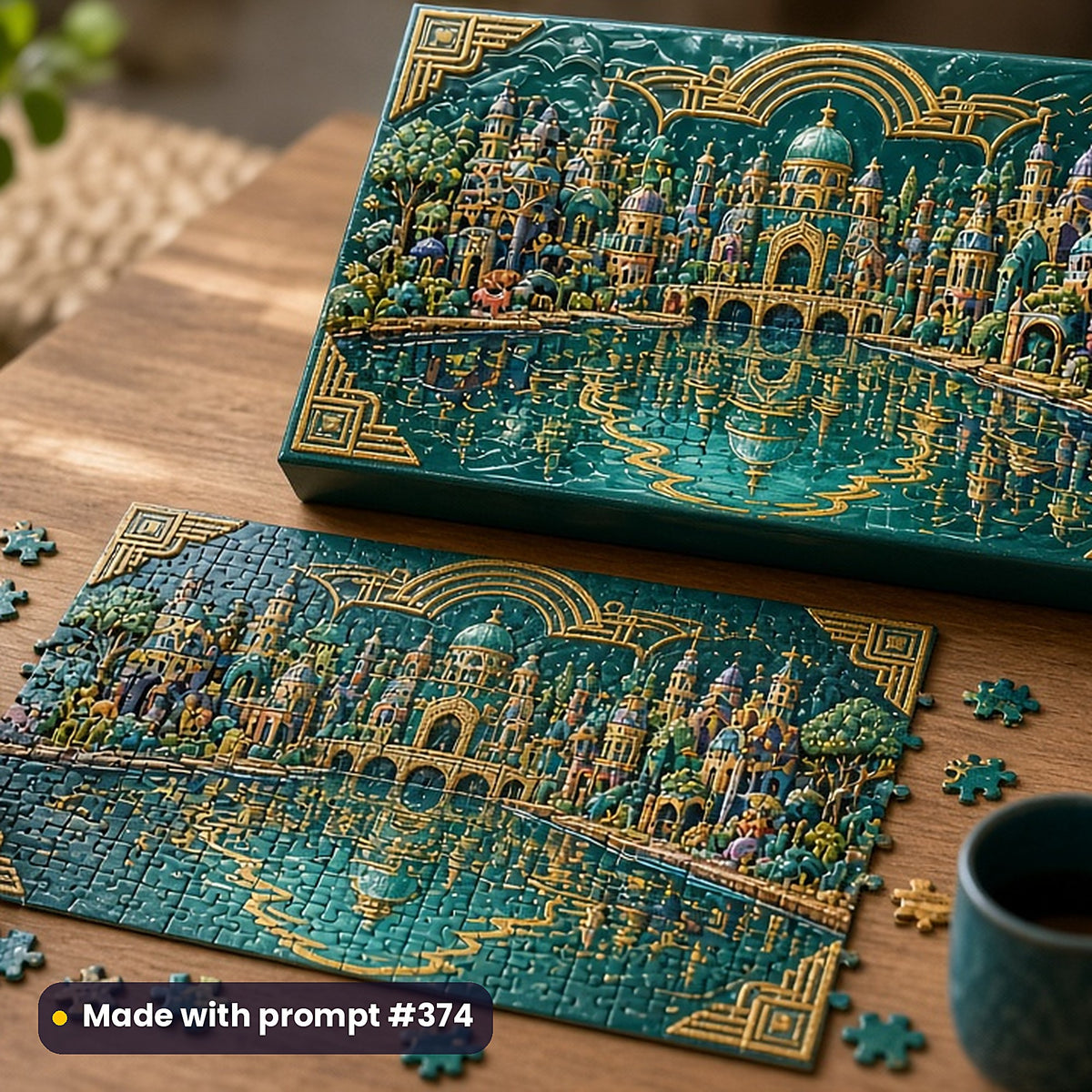 500 Puzzle Activity Art Prompts Library: Made with prompt #374 – realistic UV-printed mockup (Art Deco — Reflective Water)