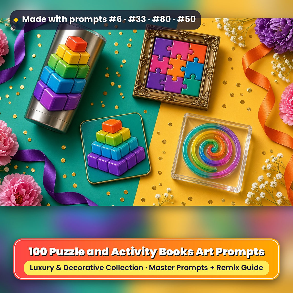 Puzzle and Activity Books, Luxury & Decorative Collection: realistic UV-printed mockup, made with prompts #6 · #33 · #80 · #50