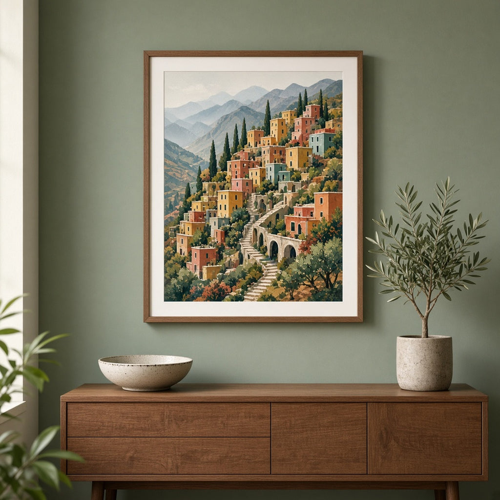 Artisan painted panoramic hillside village of colourful terraced houses, stairways and arched bridges leading to misty mountains printed flat on a framed print in a study, made with prompt #9