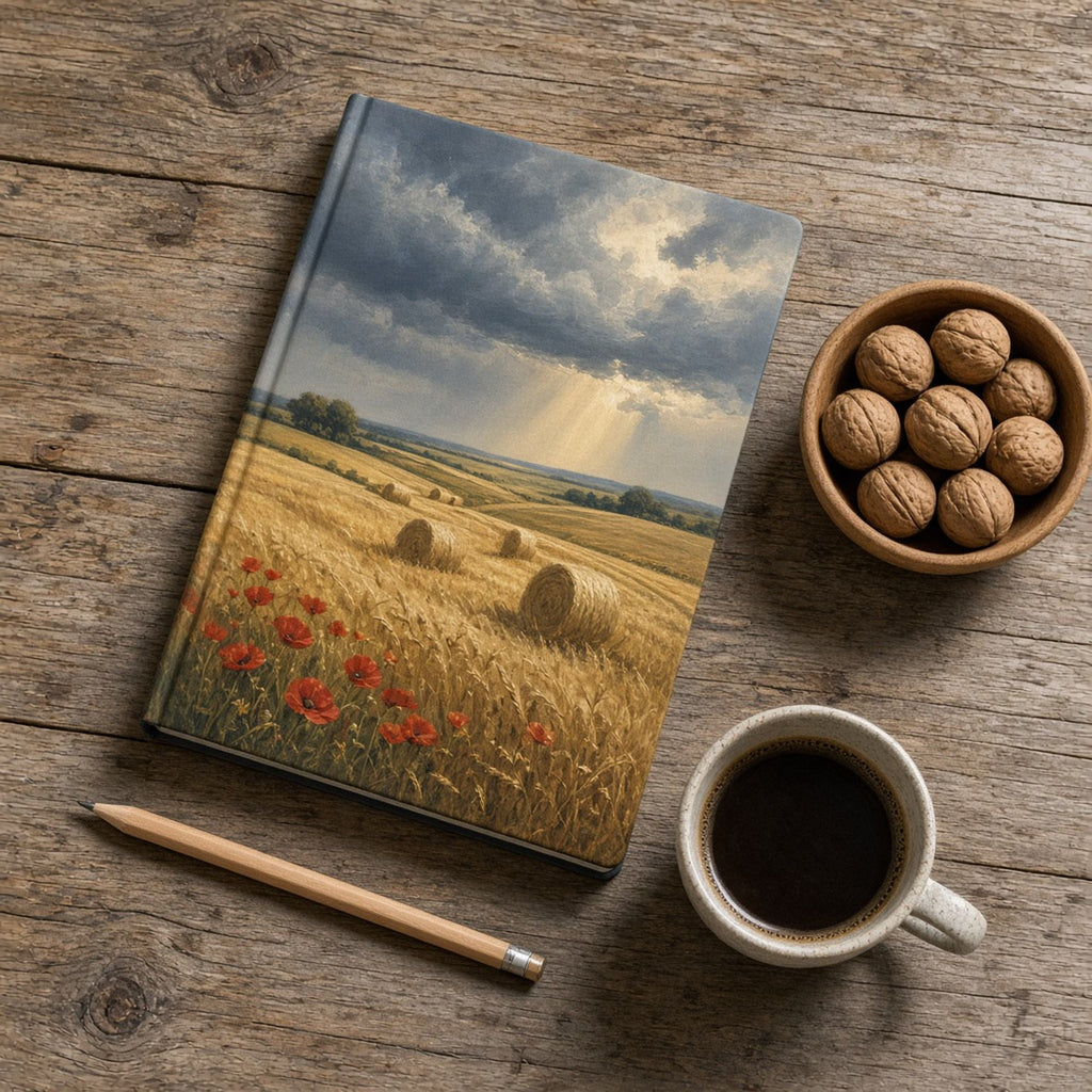 Oil-painting storm approaching golden harvest fields with hay bales and red poppies printed flat on a notebook cover, made with prompt #46