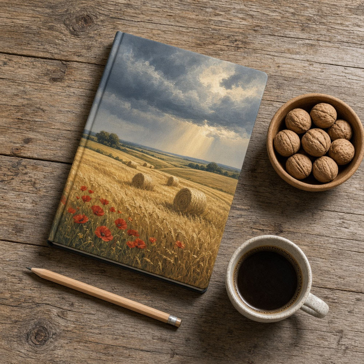 Oil-painting storm approaching golden harvest fields with hay bales and red poppies printed flat on a notebook cover, made with prompt #46