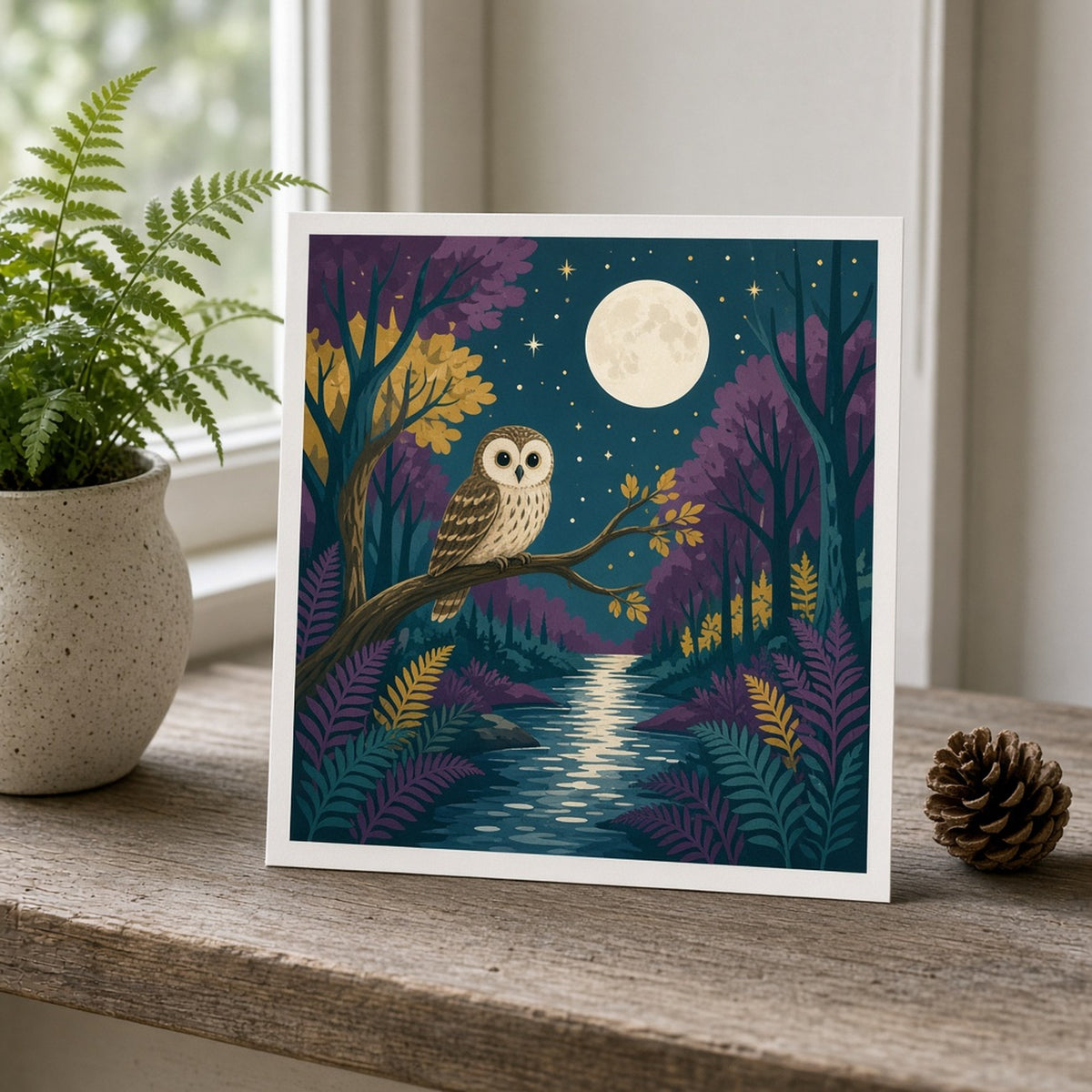 Moonlit forest clearing with an owl on a curving branch above a stream reflecting the full moon printed flat on a greeting card, made with prompt #84
