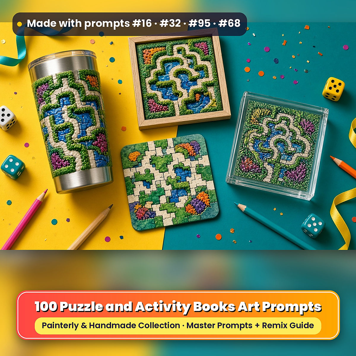 Puzzle and Activity Books, Painterly & Handmade Collection: realistic UV-printed mockup, made with prompts #16 · #32 · #95 · #68