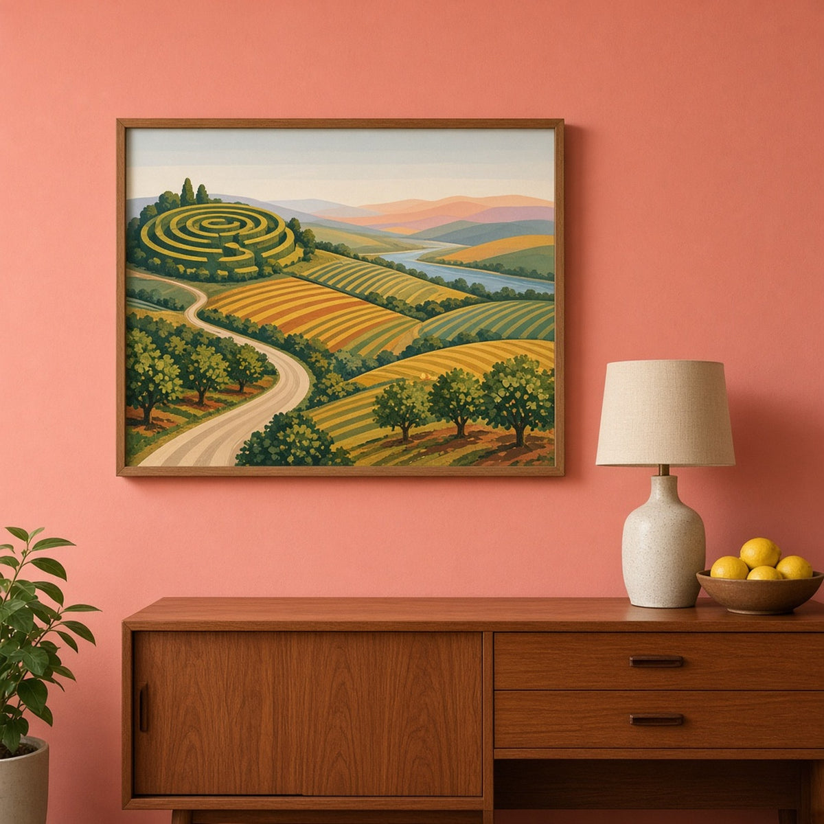 Retro poster-style panoramic countryside with a hilltop hedge maze, striped fields, winding road, orchards and river printed flat on a framed print in a living room, made with prompt #9