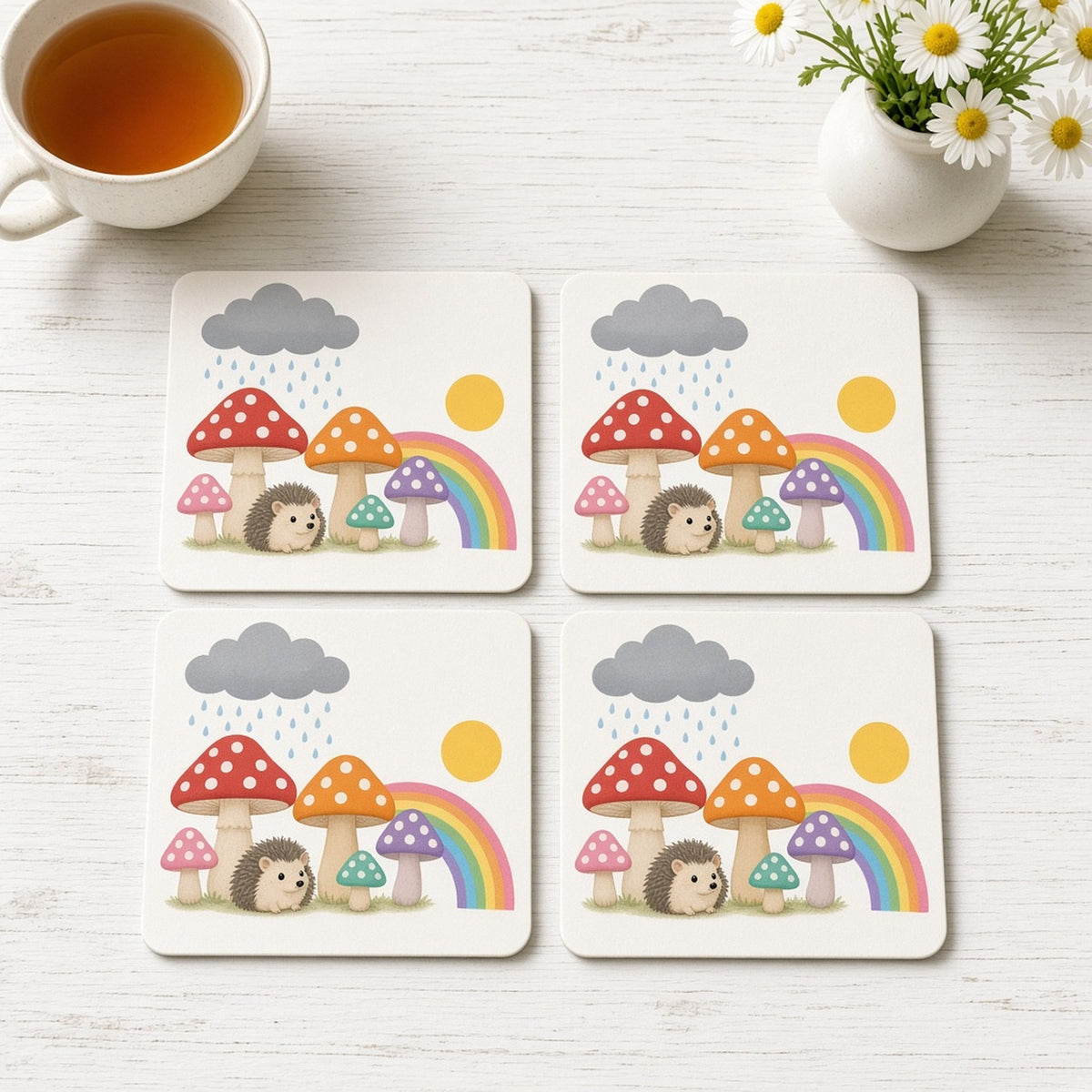 Playful toadstools sheltering a hedgehog from a raining storm cloud beside a rainbow and sun printed flat on a set of four coasters, made with prompt #46