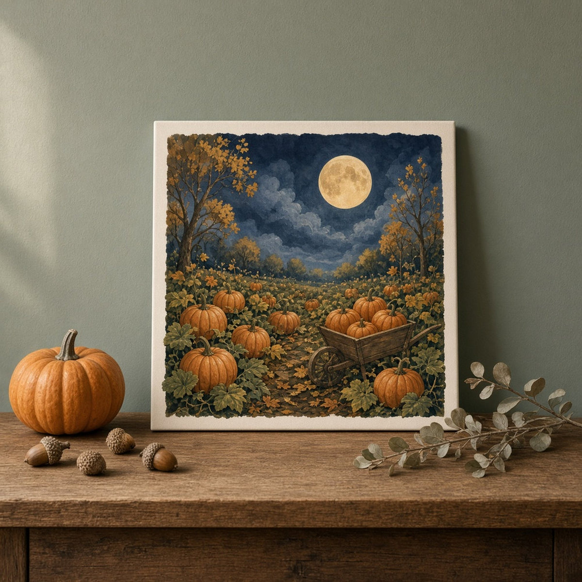 Seasonal moonlit pumpkin patch with a wooden wheelbarrow and golden autumn trees printed flat on a ceramic tile, made with prompt #84
