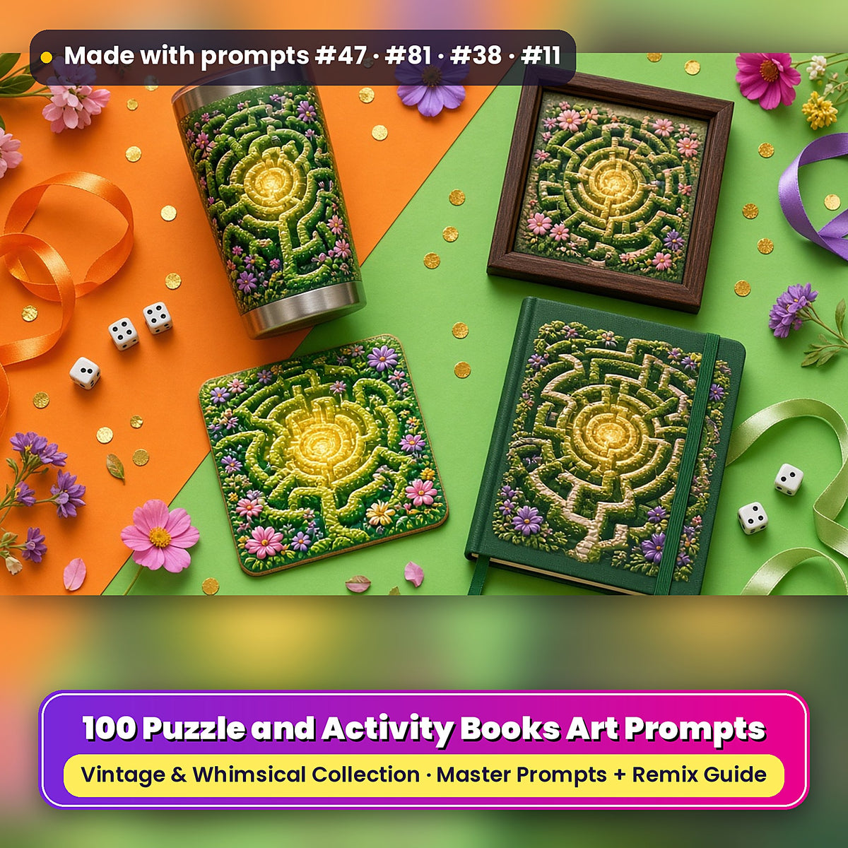 Puzzle and Activity Books, Vintage & Whimsical Collection: realistic UV-printed mockup, made with prompts #47 · #81 · #38 · #11