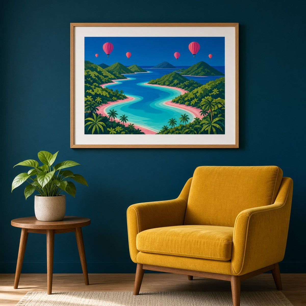 Bold-colour panoramic tropical islands with turquoise lagoons, pink sand bars and hot-air balloons printed flat on a framed print in a living room, made with prompt #9