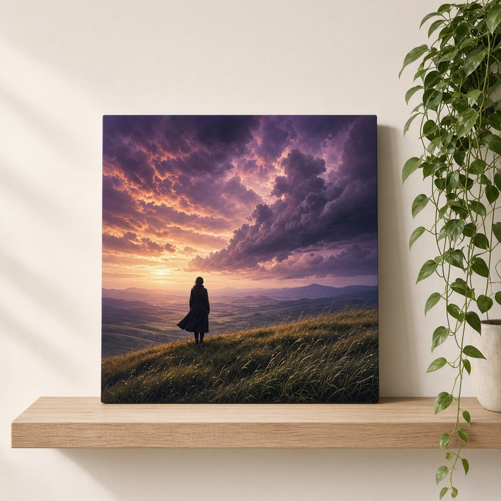 Cinematic adult figure on a hilltop facing a purple and orange storm approaching across a valley printed flat on a ceramic tile, made with prompt #46