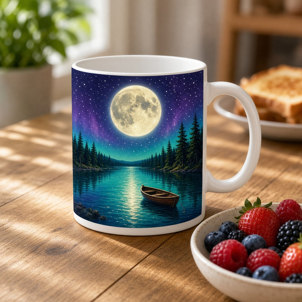 Vivid moonlit turquoise lake with pine forest and a rowboat under a full moon printed flat on a mug, made with prompt #84