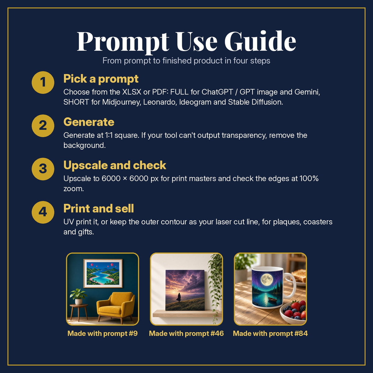 Prompt Use Guide for the Colouring Books, Cinematic & Bold Collection: pick a prompt, generate, upscale and check, print and sell, with sample products made with the pack's prompts