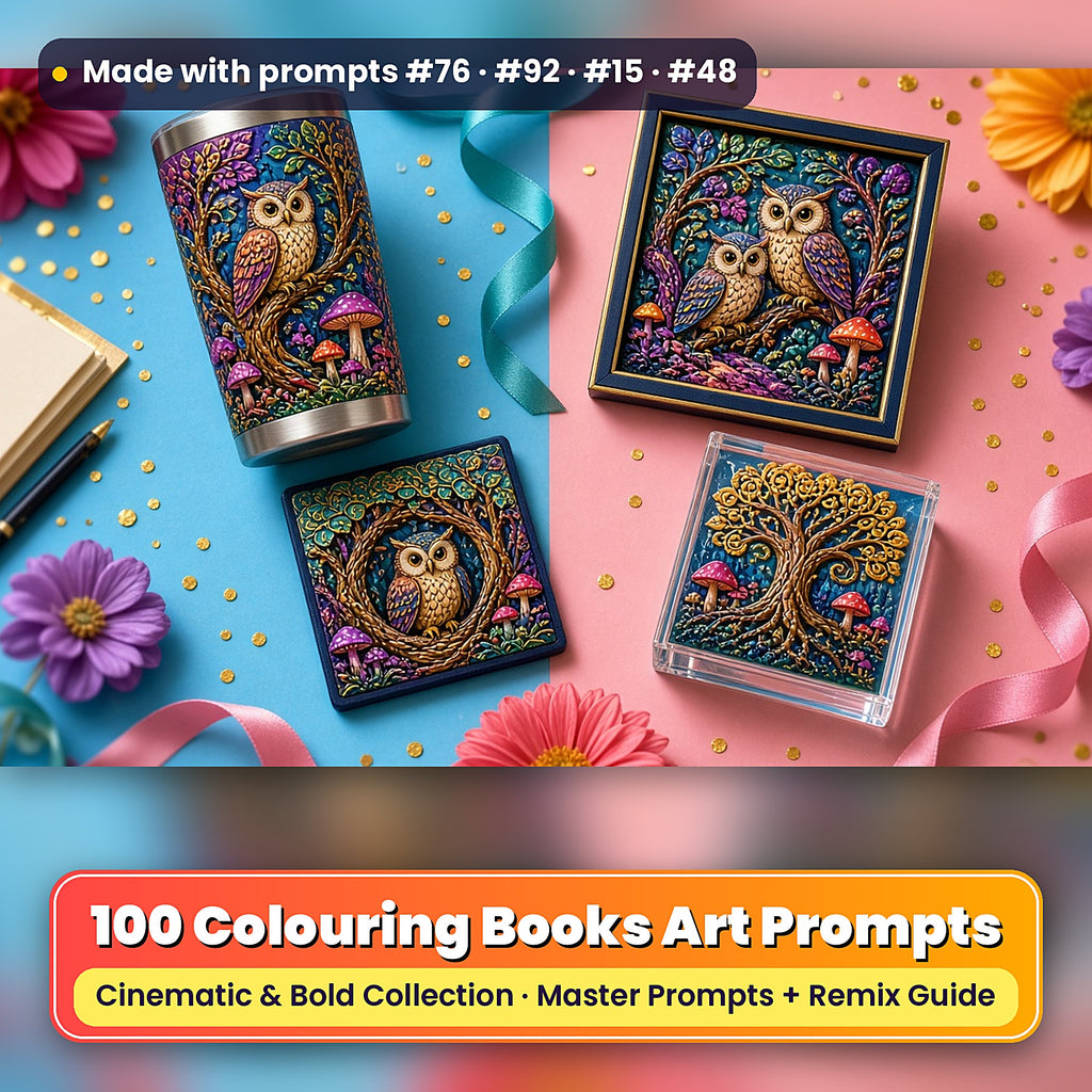 Colouring Books, Cinematic & Bold Collection: realistic UV-printed mockup, made with prompts #76 · #92 · #15 · #48