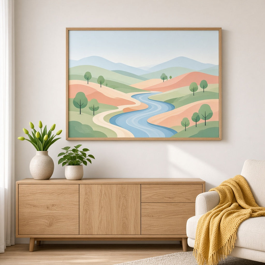 Modern minimal panoramic world of rolling mint and coral hills, small round trees and a winding blue river below soft blue mountains printed flat on a framed print in a living room, made with prompt #9