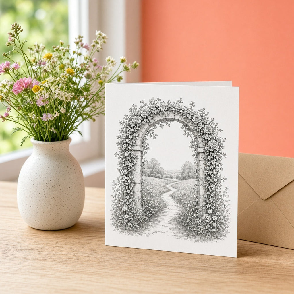 Monochrome rose-and-ivy stone garden gateway opening onto a winding path into a sunny meadow printed flat on a greeting card, made with prompt #21