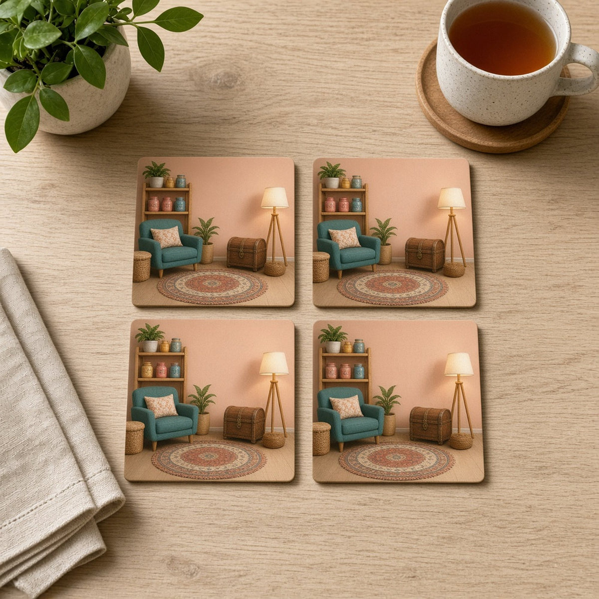 Modern minimal hidden room with a teal armchair, shelves of keepsake jars, a wooden treasure chest and a warm floor lamp printed flat on a set of four coasters, made with prompt #2