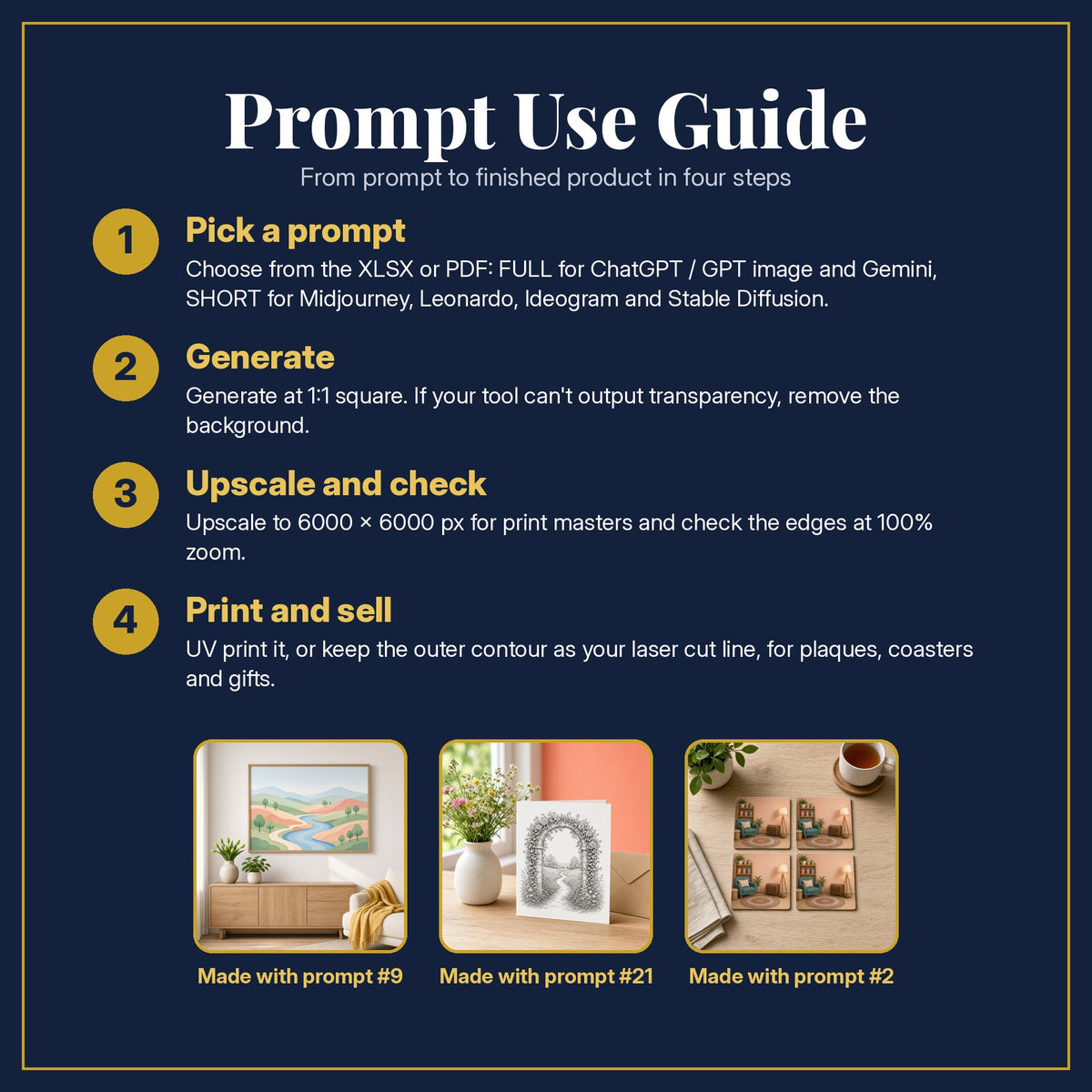 Prompt Use Guide for the Colouring Books, Clean & Graphic Collection: pick a prompt, generate, upscale and check, print and sell, with sample products made with the pack's prompts