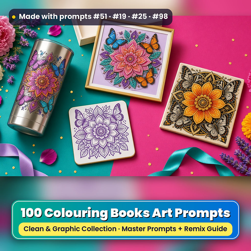 Colouring Books, Clean & Graphic Collection: Made with prompts #51 · #19 · #25 · #98 – realistic UV-printed mockup