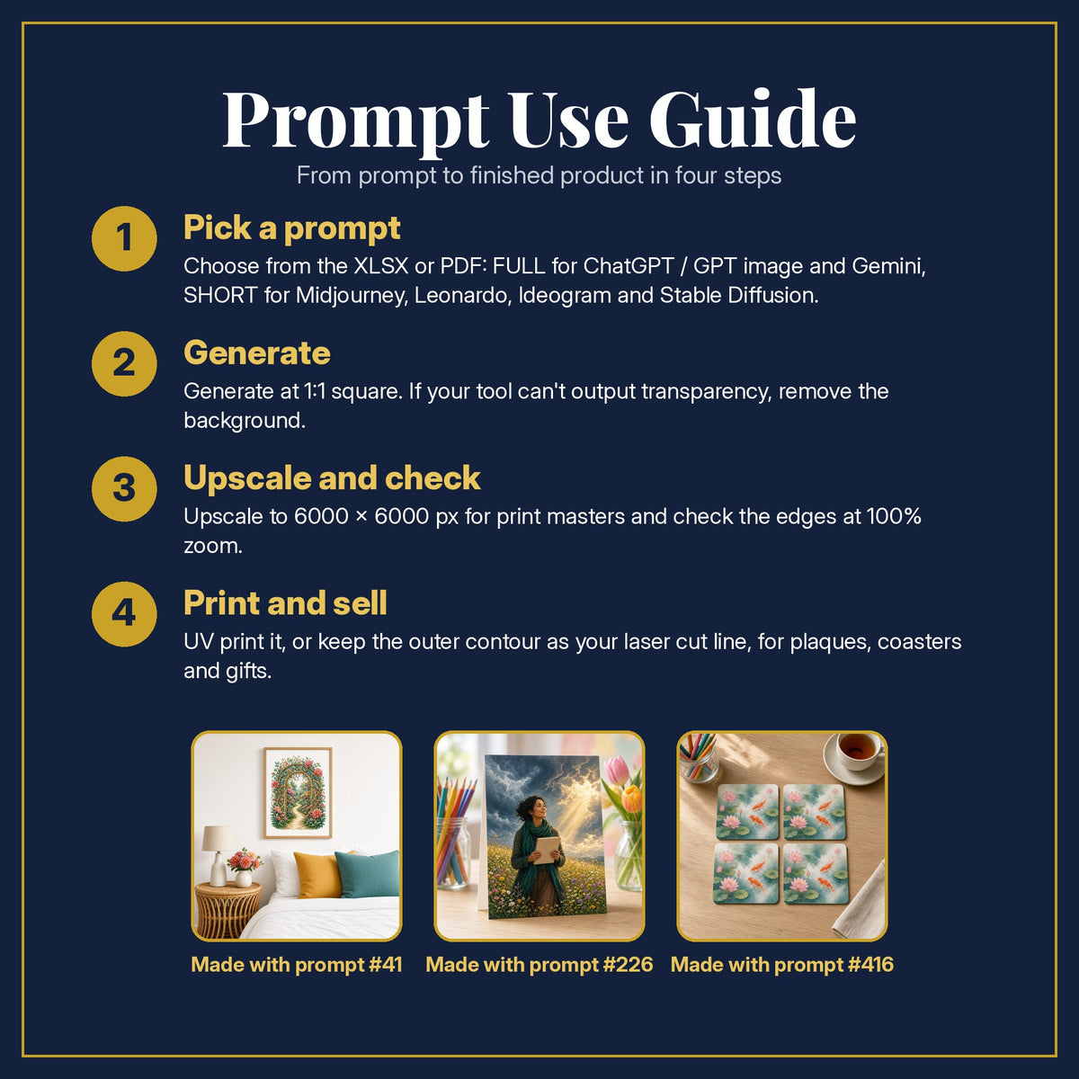 Prompt Use Guide for the Colouring Books Complete Library: pick a prompt, generate, upscale and check, print and sell, with sample products made with the pack's prompts
