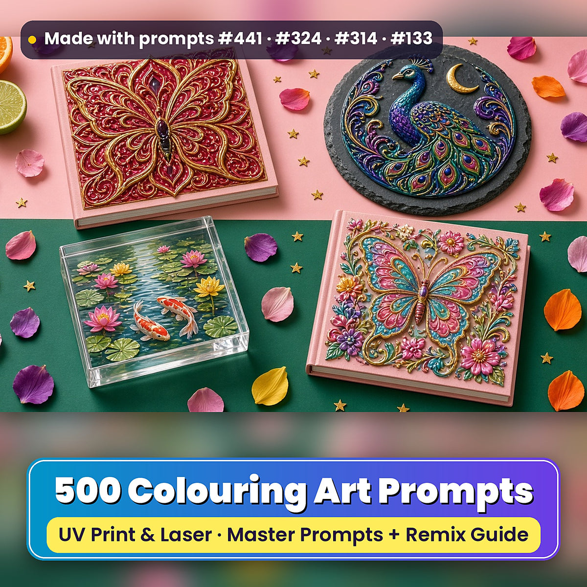 500 Colouring Art Prompts Library: Made with prompts #441 · #324 · #314 · #133 – realistic UV-printed mockup