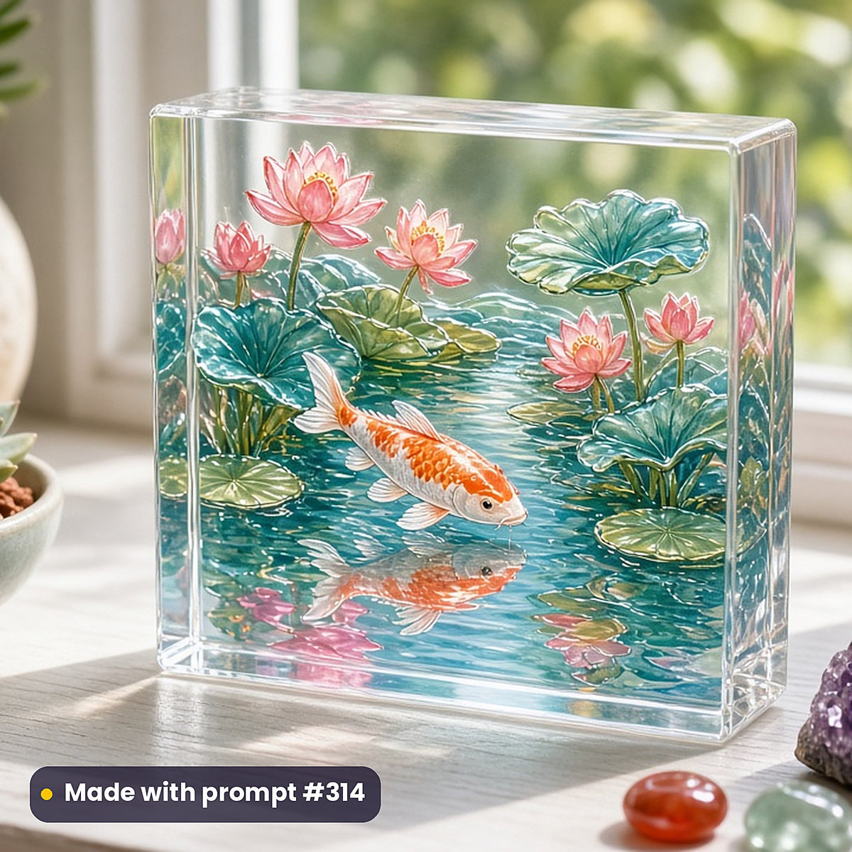 500 Colouring Art Prompts Library: Made with prompt #314 – realistic UV-printed mockup (Watercolour — Reflective Water)