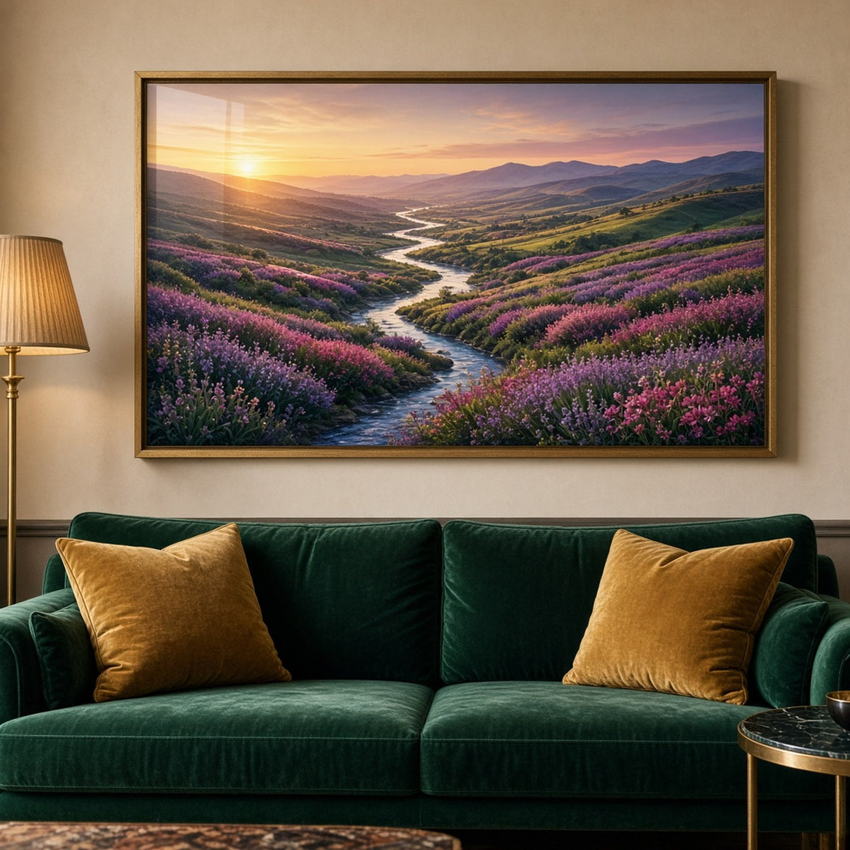 Luxury panoramic flower valley with a meandering river, lavender and rose hills and distant mountains at sunrise printed flat on a framed print in a living room, made with prompt #9