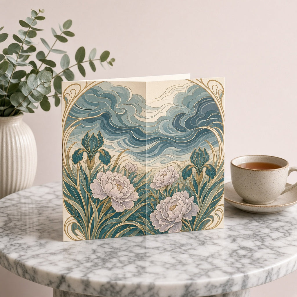 Art nouveau storm approaching over irises and peonies with swirling teal clouds printed flat on a greeting card, made with prompt #46