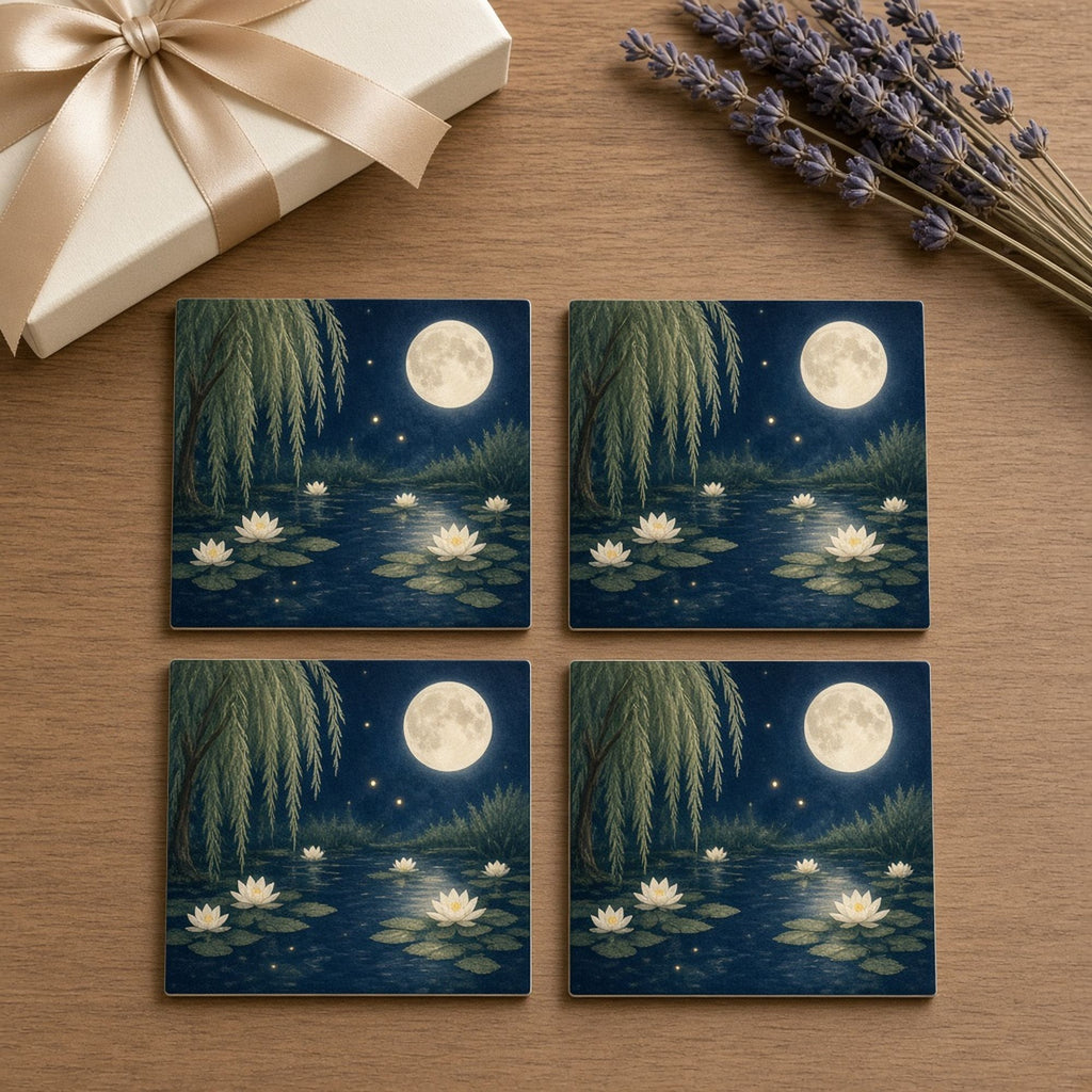 Moonlit lily pond with white water lilies, fireflies and weeping willow printed flat on a set of four coasters, made with prompt #84