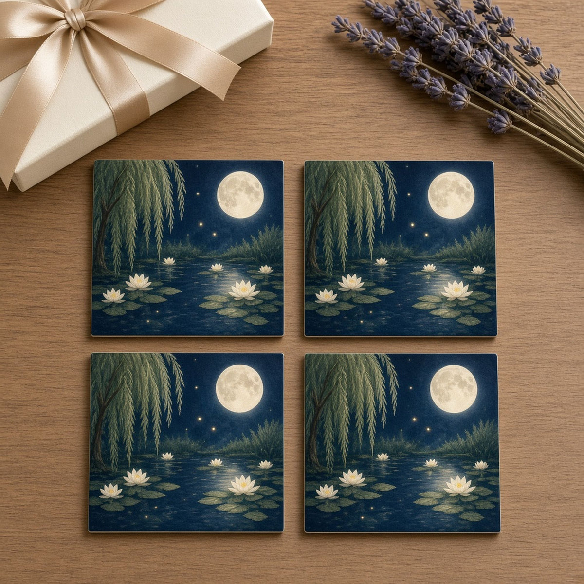 Moonlit lily pond with white water lilies, fireflies and weeping willow printed flat on a set of four coasters, made with prompt #84