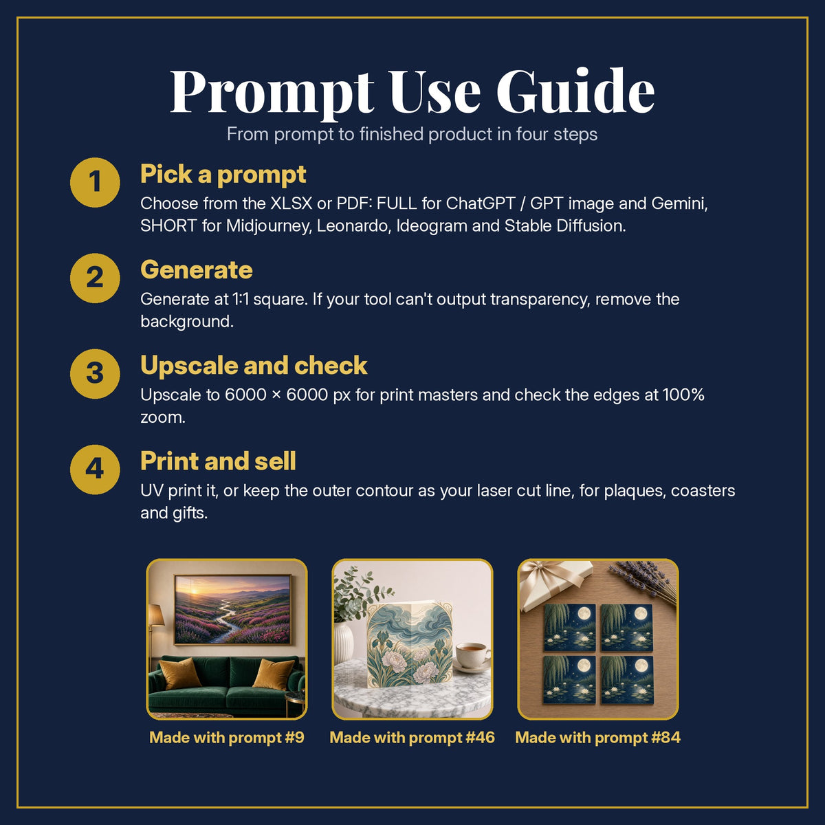 Prompt Use Guide for the Colouring Books, Luxury & Decorative Collection: pick a prompt, generate, upscale and check, print and sell, with sample products made with the pack's prompts