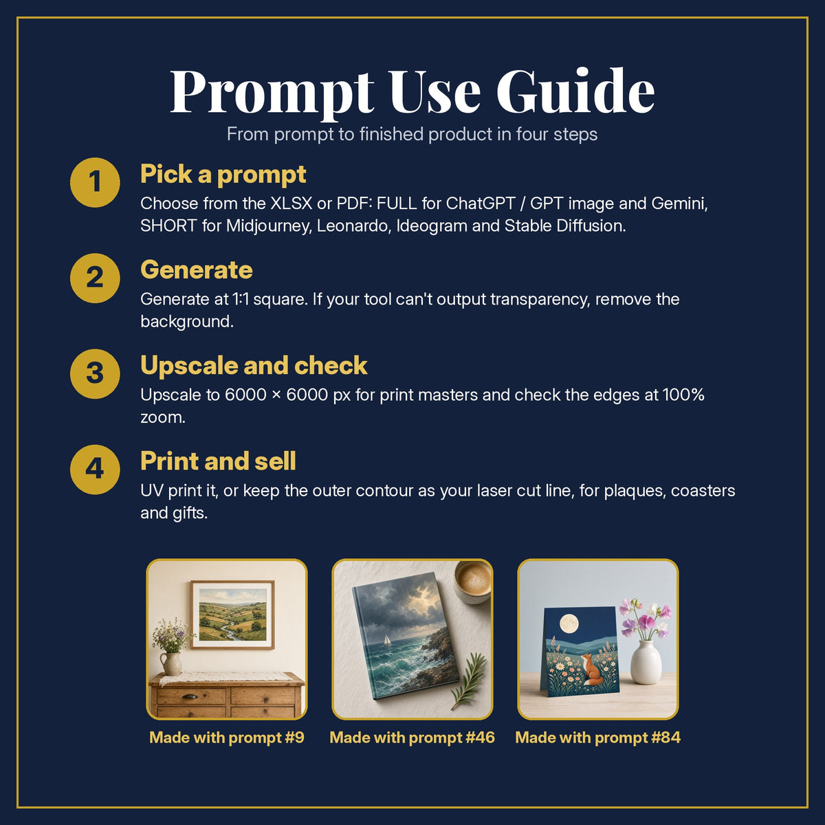Prompt Use Guide for the Colouring Books, Painterly & Handmade Collection: pick a prompt, generate, upscale and check, print and sell, with sample products made with the pack's prompts