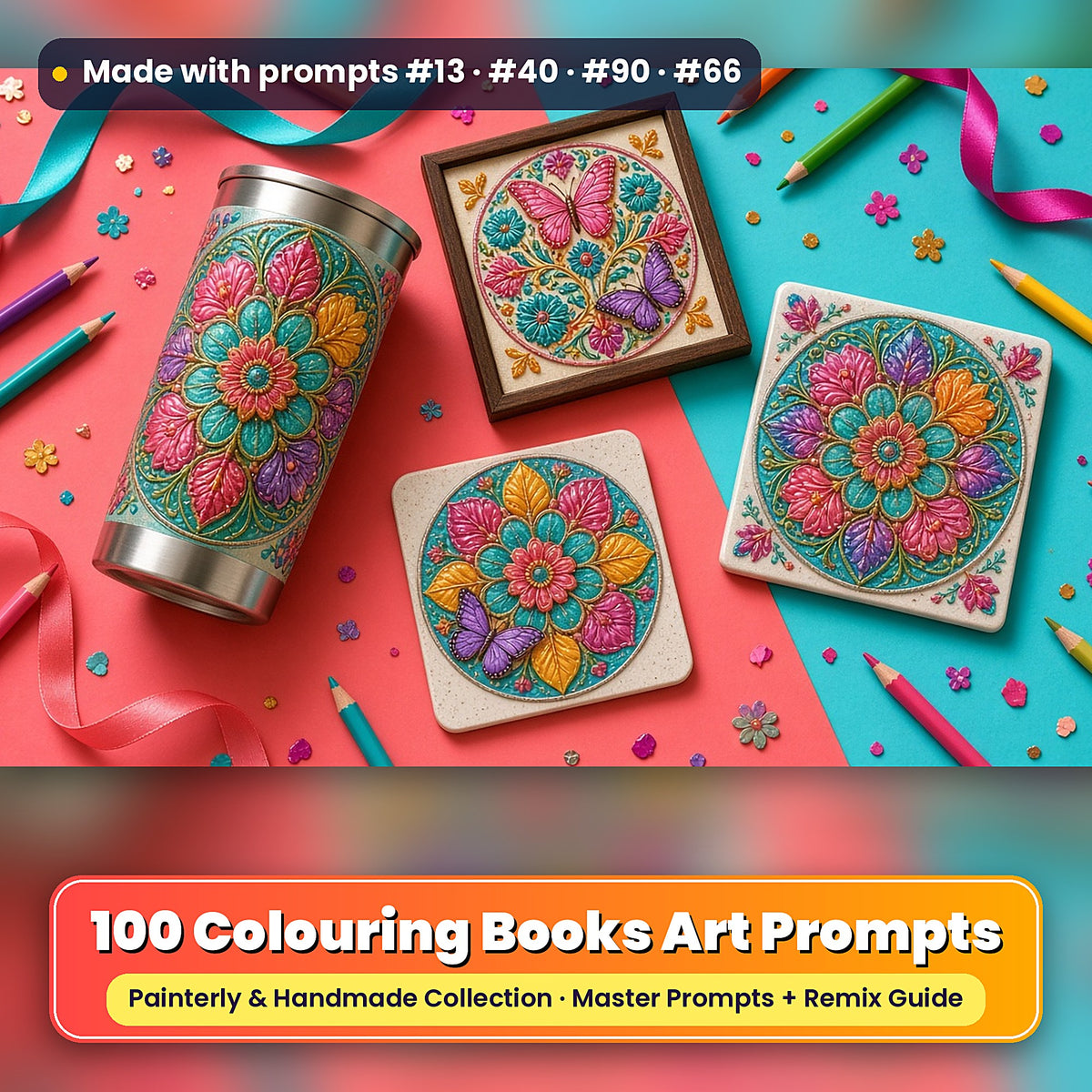 Colouring Books, Painterly & Handmade Collection: realistic UV-printed mockup, made with prompts #13 · #40 · #90 · #66