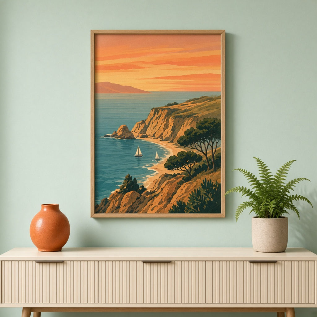 Retro travel-poster panoramic sunset coastline with sandy coves, pine-topped cliffs and sailboats printed flat on a framed print in a living room, made with prompt #9