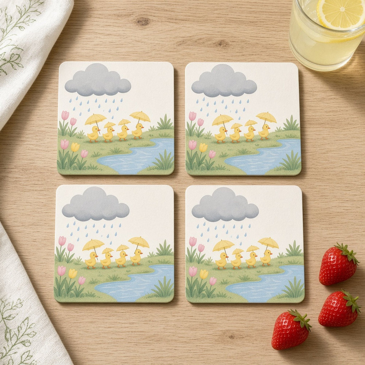 Whimsical ducks with yellow umbrellas waddling past tulips as a rain cloud approaches printed flat on a set of four coasters, made with prompt #46