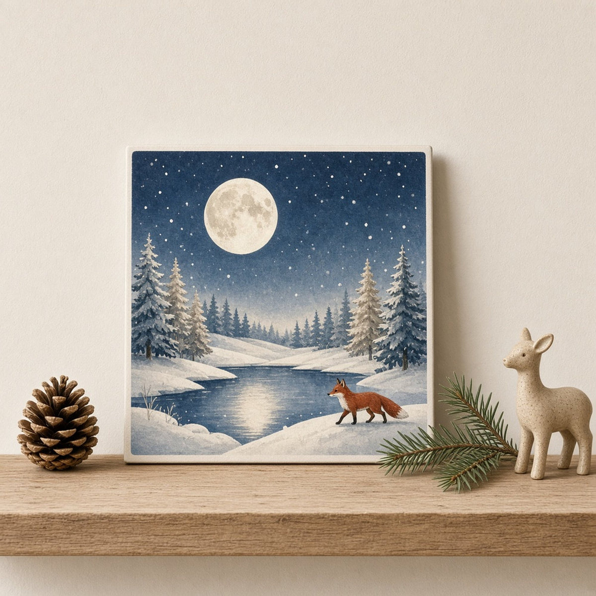 Seasonal winter moonlit snowy hills with frosted firs, a frozen pond and a red fox printed flat on a ceramic tile, made with prompt #84