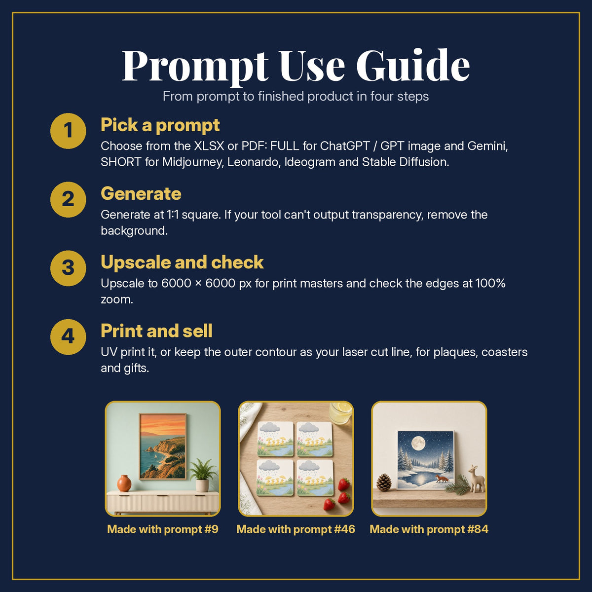 Prompt Use Guide for the Colouring Books, Vintage & Whimsical Collection: pick a prompt, generate, upscale and check, print and sell, with sample products made with the pack's prompts