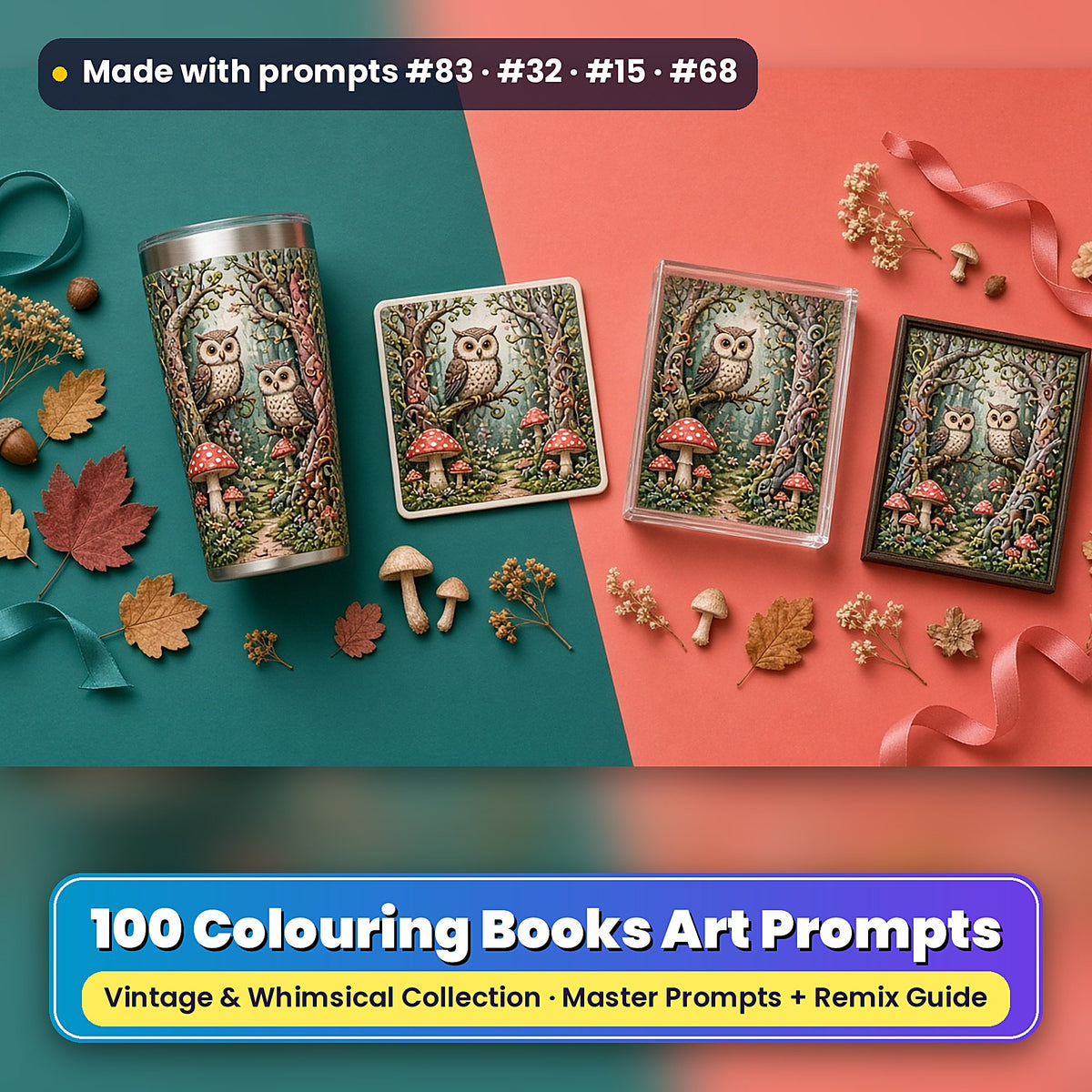 Colouring Books, Vintage & Whimsical Collection: realistic UV-printed mockup, made with prompts #83 · #32 · #15 · #68