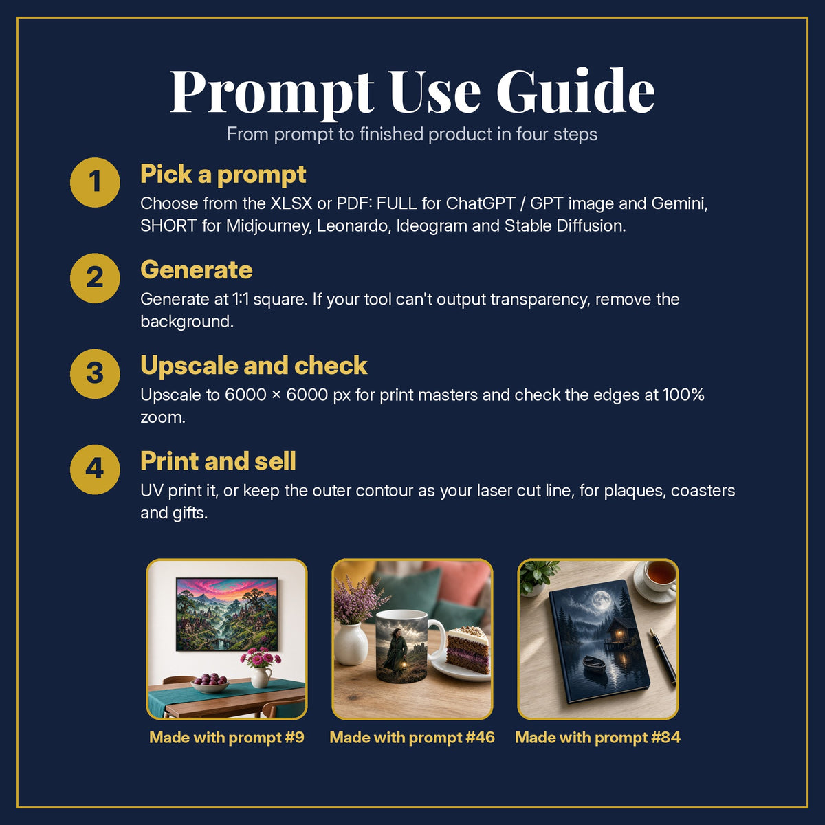 Prompt Use Guide for the Gothic Worlds, Cinematic & Bold Collection: pick a prompt, generate, upscale and check, print and sell, with sample products made with the pack's prompts