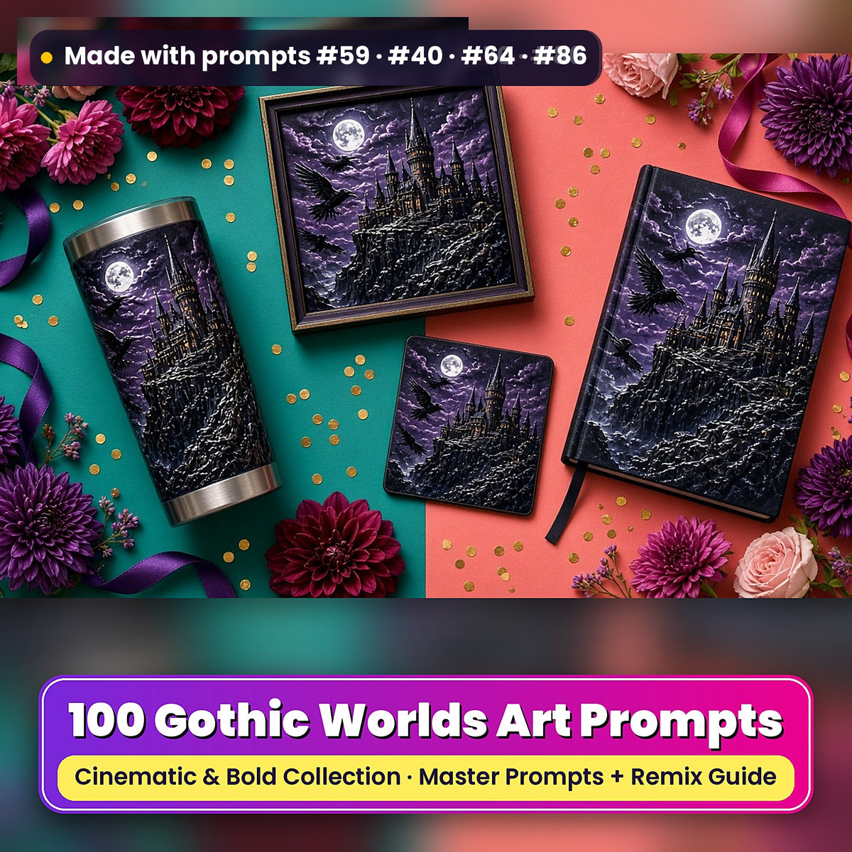 Gothic Worlds, Cinematic & Bold Collection: Made with prompts #59 · #40 · #64 · #86 – realistic UV-printed mockup