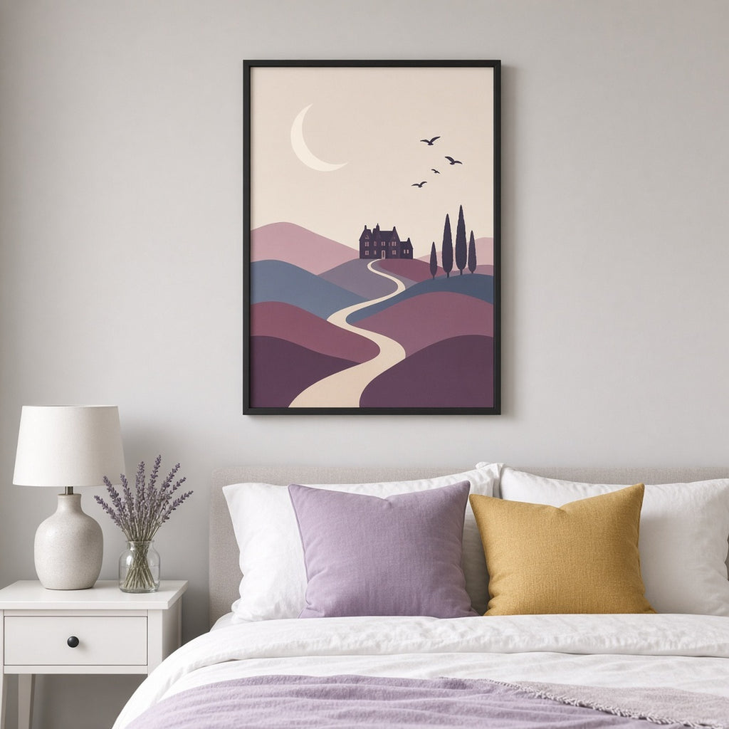Modern minimal gothic panorama of plum and slate hills with a winding path, a small manor silhouette, cypress trees and a crescent moon printed flat on a framed print in a bedroom, made with prompt #9