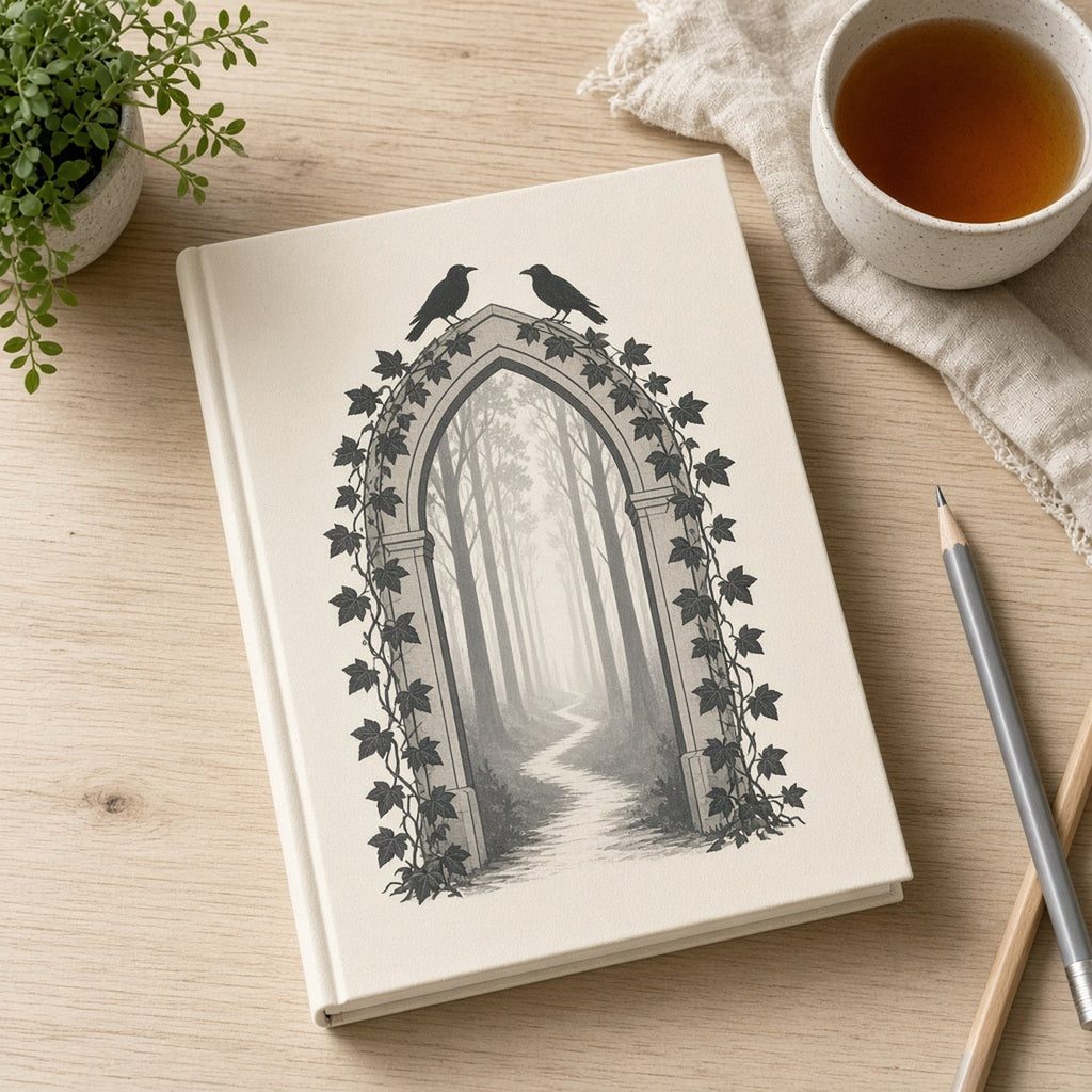 Monochrome pointed stone archway draped in ivy with two ravens on top, opening onto a misty forest path printed flat on a notebook cover, made with prompt #21