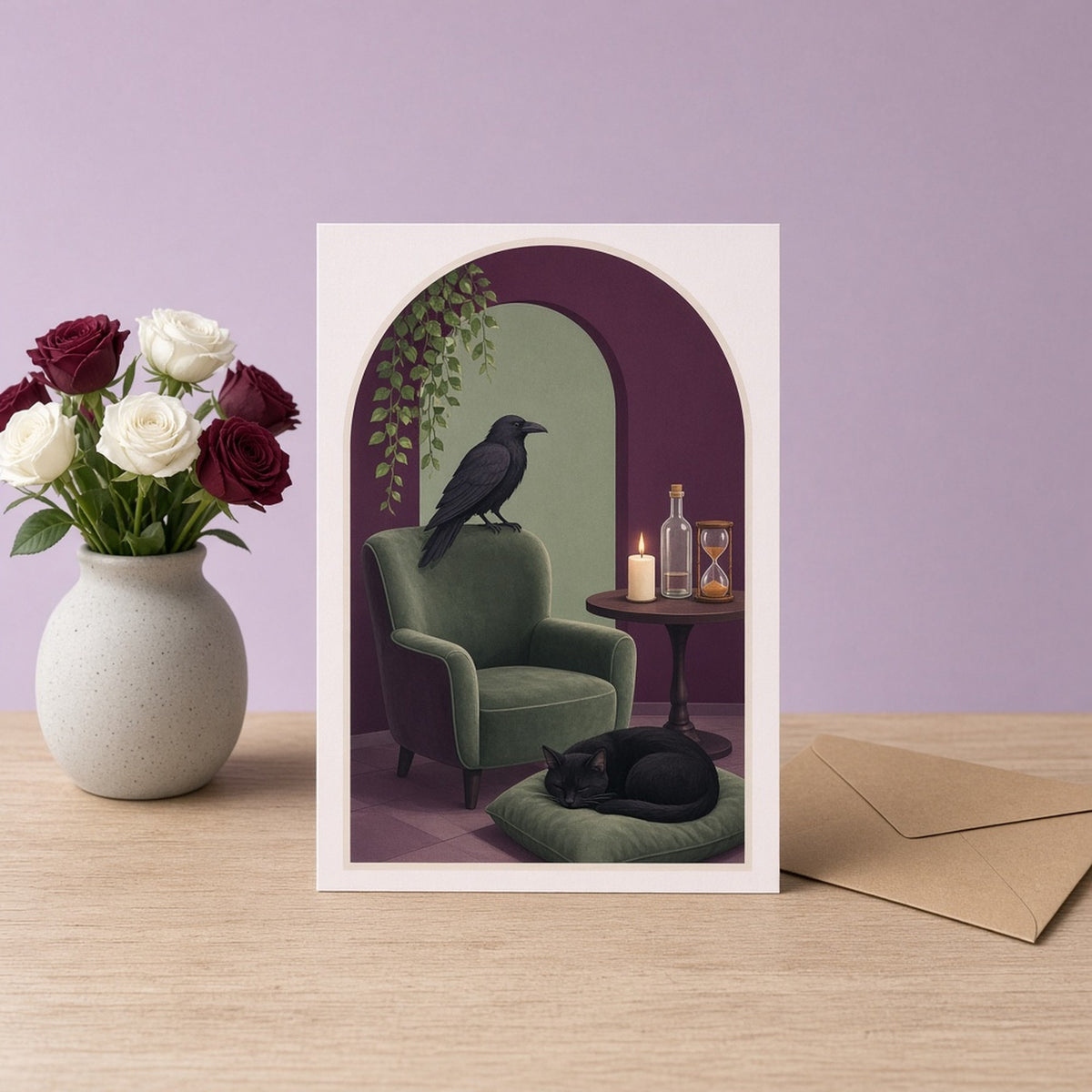 Modern minimal secret alcove room with a velvet chair, a raven, a candle, a glass bottle, an hourglass and a sleeping black cat printed flat on a greeting card, made with prompt #2