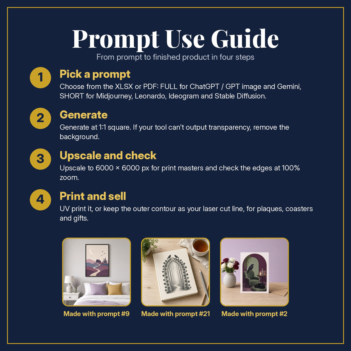 Prompt Use Guide for the Gothic Worlds, Clean & Graphic Collection: pick a prompt, generate, upscale and check, print and sell, with sample products made with the pack's prompts