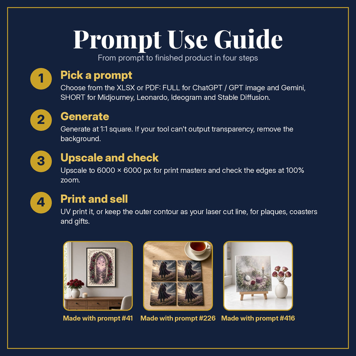 Prompt Use Guide for the Gothic Worlds Complete Library: pick a prompt, generate, upscale and check, print and sell, with sample products made with the pack's prompts
