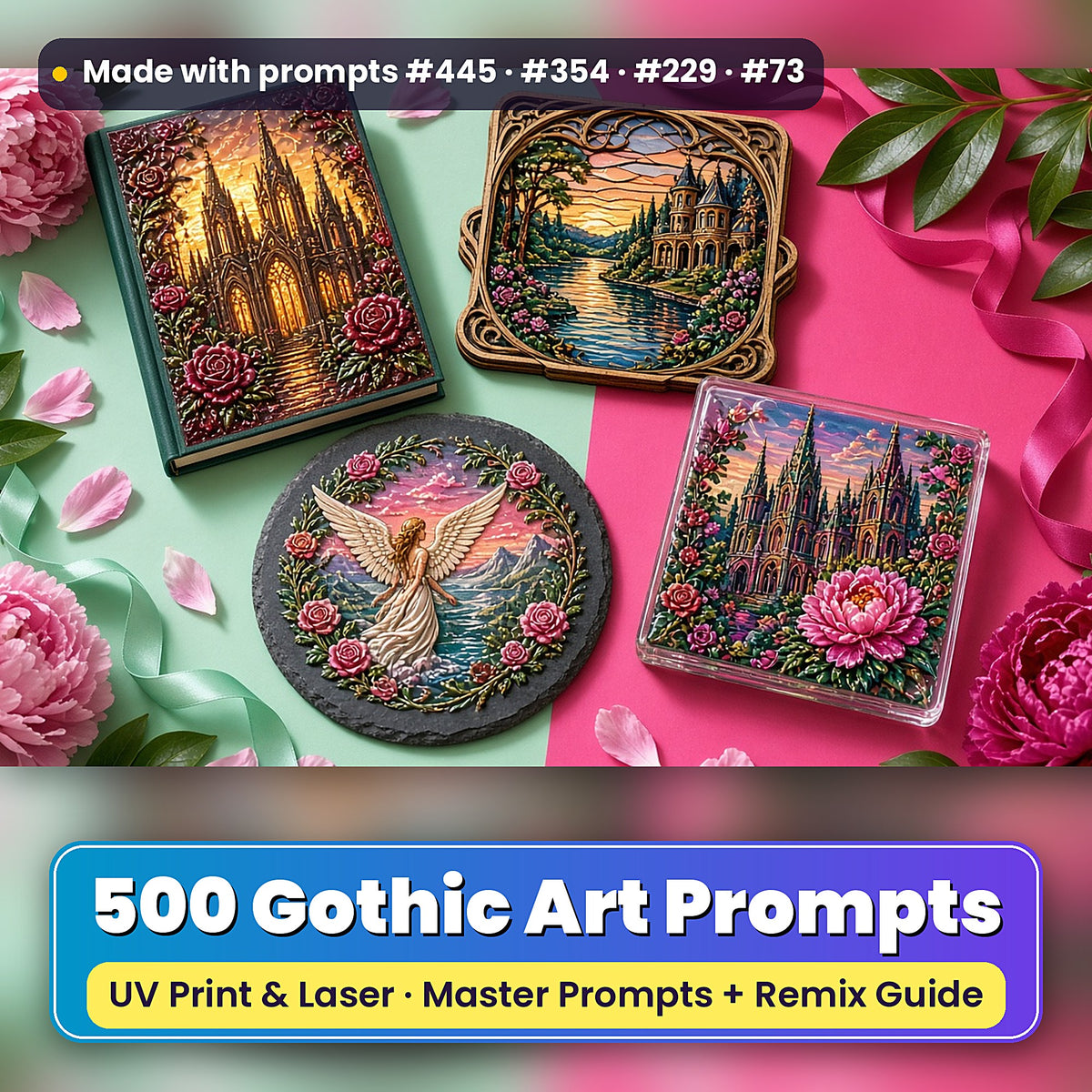 500 Gothic Art Prompts Library: Made with prompts #445 · #354 · #229 · #73 – realistic UV-printed mockup