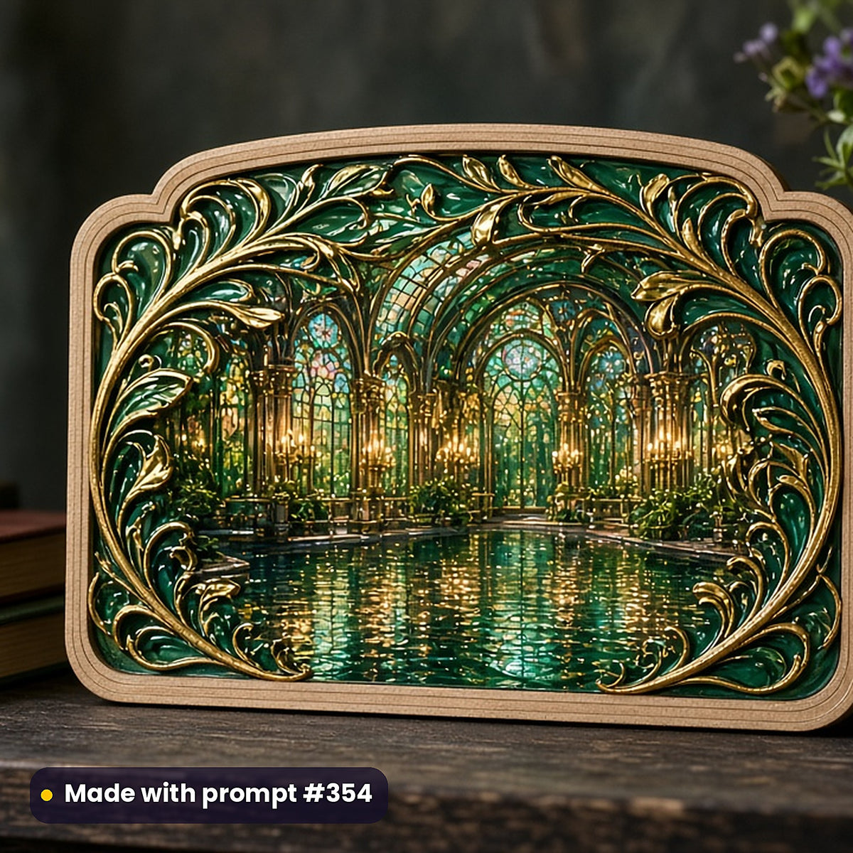 500 Gothic Art Prompts Library: Made with prompt #354 – realistic UV-printed mockup (Art Nouveau — Reflective Water)